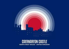 Caernarfon Castle. Moonlight illustration of famous historical statue and architecture in United Kingdom. Color tone based on flag. Vector eps 10