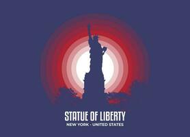 Liberty statue. Moonlight illustration of famous historical statue and architecture in United States of America. Color tone based on flag. Vector eps 10