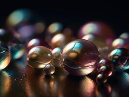 Iridescent pearl spheres on a dark background Liquid dynamic shapes Created with technology. photo