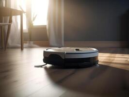 Robotic vacuum cleaner cleaning the floor in the living room. Cleaning service concept. Created with technology. photo