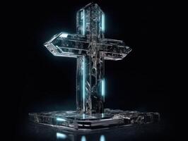 Crystal cross on a black background Created with technology photo