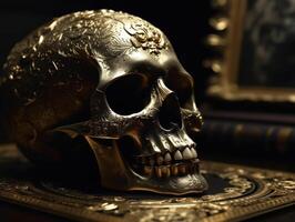 cráneo con dorado ornamento en un oscuro antecedentes creado con generativo ai tecnología foto