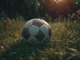 Soccer ball on green grass Created with technology photo