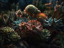 miniatura hogar flores suculentas y cactus en el jardín creado con generativo ai tecnología foto