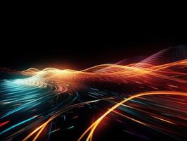 Neon lights wavy lines on dark background Created with technology. photo