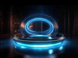 Fantastic Circle holograms magic portals. Futuristic round stage with neon lights. Glowing round stage on a dark background. Created with technology photo