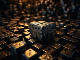 Futuristic gold cubes background Abstract geometric mosaic grid Square tiles pattern technology photo