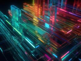 Neon lights Chromatic Holographic cubes on dark background Created with technology. photo