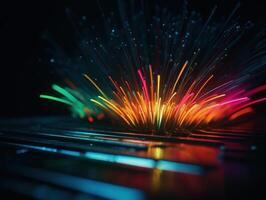 Neon lights wavy lines on dark background Created with technology. photo
