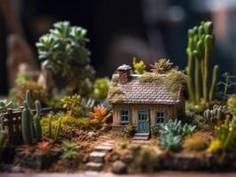 fantasía miniatura hogar flores suculentas y cactus en el jardín creado con generativo ai tecnología foto