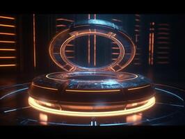 Fantastic Circle holograms magic portals. Futuristic round stage with neon lights. Glowing round stage on a dark background. Created with technology photo