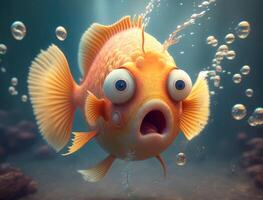 gracioso pescado personaje con grande ojos sorprendido emoción concepto nadando submarino creado con generativo ai tecnología. foto
