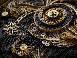 Paper made Quilling craft technic black and gold abstract background lines Created with technology photo