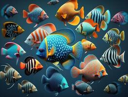 Group of colorful fishes on dark background Created with technology photo