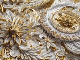 Paper made Quilling craft technic white and gold abstract background lines Created with technology photo