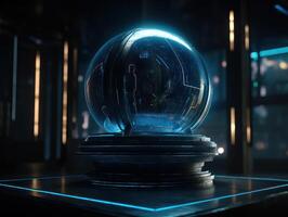 Futuristic sci-fi room with neon lights Round podium created with technology. photo