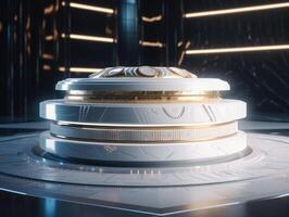 Futuristic sci-fi room with neon lights Round podium created with technology. photo