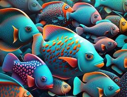 grupo de vistoso peces en oscuro antecedentes creado con generativo ai tecnología foto