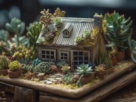 fantasía miniatura hogar flores suculentas y cactus en el jardín creado con generativo ai tecnología foto