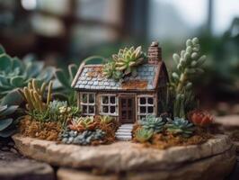 fantasía miniatura hogar flores suculentas y cactus en el jardín creado con generativo ai tecnología foto