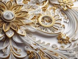 Paper made Quilling craft technic white and gold abstract background lines Created with technology photo
