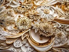 Paper made Quilling craft technic white and gold abstract background lines Created with technology photo