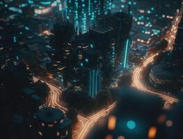 futurista ciudad paisaje paisaje urbano isométrica ver noche ciudad creado con generativo ai tecnología foto