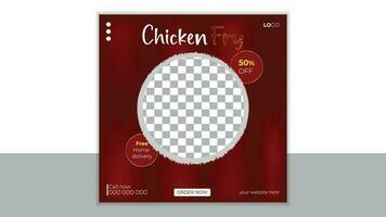 Chicken fry social media post design, red color square vector template.