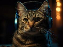 Cat in big headphones enjoys music. Created with technology photo