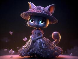 Little Black Cat in a hat and a dress created with technology photo