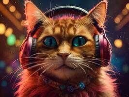 Cat in big headphones enjoys music. Created with technology photo