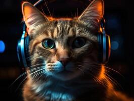 Cat in big headphones enjoys music. Created with technology photo