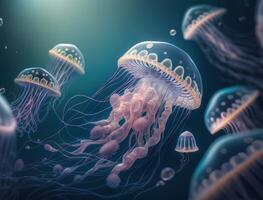 Jellyfish swims in the ocean sea created with technology photo