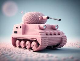 Knitted pink toy tank on a blue background created with technology. photo