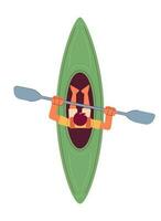 Young man with paddle sitting in canoe top view semi flat colorful vector character. Kayak water sports. Editable full body person on white. Simple cartoon spot illustration for web graphic design