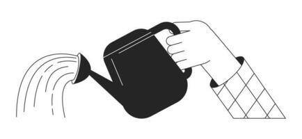 Hand holding watering can bw vector spot illustration. Plant waterer 2D cartoon flat line monochromatic first view hand for web UI design. Pouring water editable isolated outline hero image