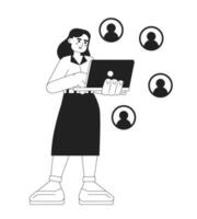 Connect with e-business clients monochrome concept vector spot illustration. Businesswoman 2D flat bw cartoon character for web UI design. Business connection isolated editable hand drawn hero image