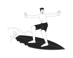 tablista hombre en ola bw vector Mancha ilustración. asiático masculino con surf tablero 2d dibujos animados plano línea monocromo personaje para web ui diseño. surfear Welle editable aislado contorno héroe imagen