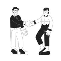 Business deal handshake monochromatic flat vector characters. Partnership. Business partners meeting. Editable thin line full body people on white. Simple bw cartoon spot image for web graphic design