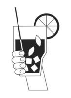 Summer refreshment bw vector spot illustration. Holding straw cocktail glass with ice 2D cartoon flat line monochromatic first view hand for web UI design. Editable isolated outline hero image