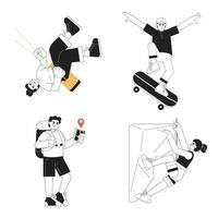 Summer outdoor activity flat vector cartoon outline characters set. Rock climbing, hiking spot illustrations. Full body people isolated. Editable 2D black and white drawing pack, graphic design