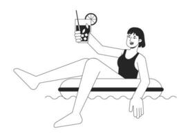 Swimsuit woman in inflatable ring bw vector spot illustration. Holiday girl 2D cartoon flat line monochromatic character for web UI design. Swimming pool fun editable isolated outline hero image