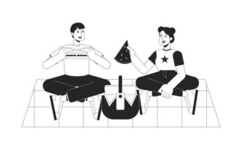 Summer picnic bw vector spot illustration. Friends eating food outdoor 2D cartoon flat line monochromatic characters for web UI design. Enjoy summer break editable isolated outline hero image