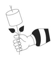 Holding toasted marshmallow stick bw vector spot illustration. Roasted chewy snack on skewer 2D cartoon flat line monochromatic first view hand for web UI design. Editable isolated outline hero image