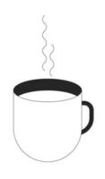 Hot latte beverage in mug line art vector cartoon icon. Cup of tea. Editorial, magazine spot illustration black and white. Outline object isolated on white. Editable 2D simple drawing, graphic design