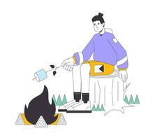 Making campfire marshmallow flat line vector spot illustration. Young man roasting marshmallow on stick 2D cartoon outline character on white for web UI design. Editable isolated colorful hero image