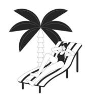 Sunbathing on beach bw vector spot illustration. Caucasian swimsuit woman on lounge chair 2D cartoon flat line monochromatic character for web UI design. Editable isolated outline hero image