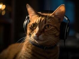 Cat in big headphones enjoys music. Created with technology photo