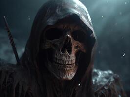 Halloween concept. Scary grim reaper skeleton in the forest Created with technology photo