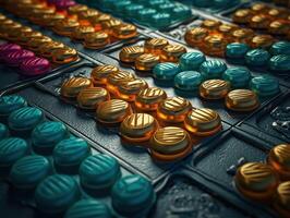 Many colorful pills on a dark background Geometric composition Created with technology photo